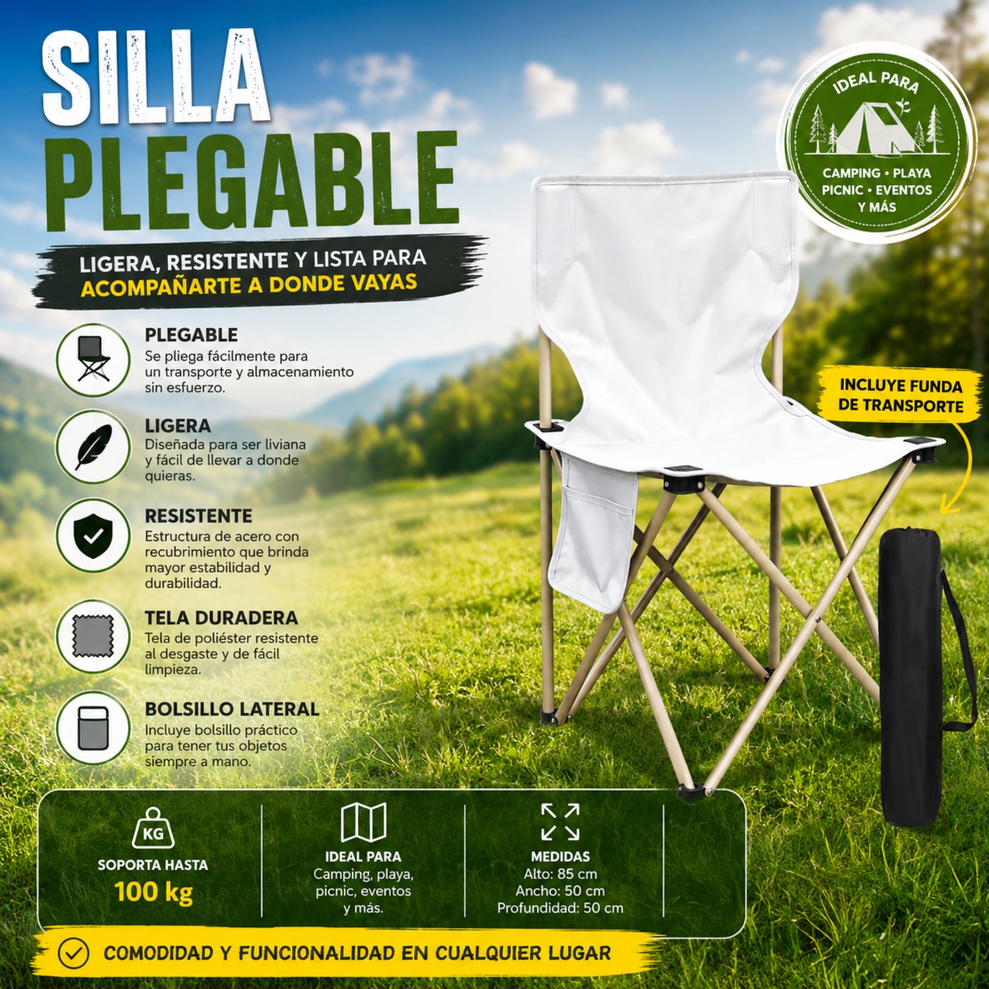 Silla Plegable Portátil para Camping y Exterior