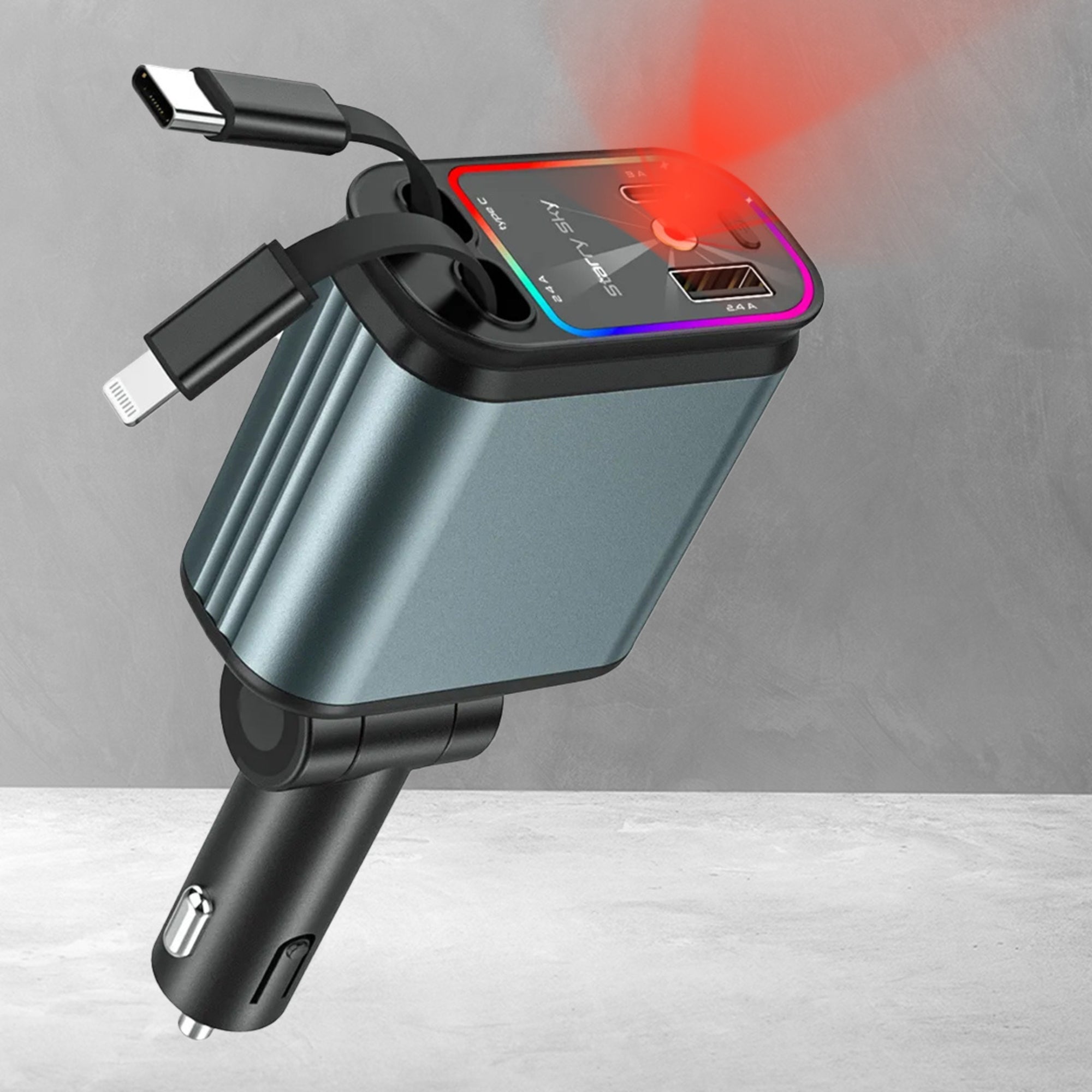 Cargador para auto 4 en 1 ( carga rápida. proyector de luces LED, cables retráctiles)