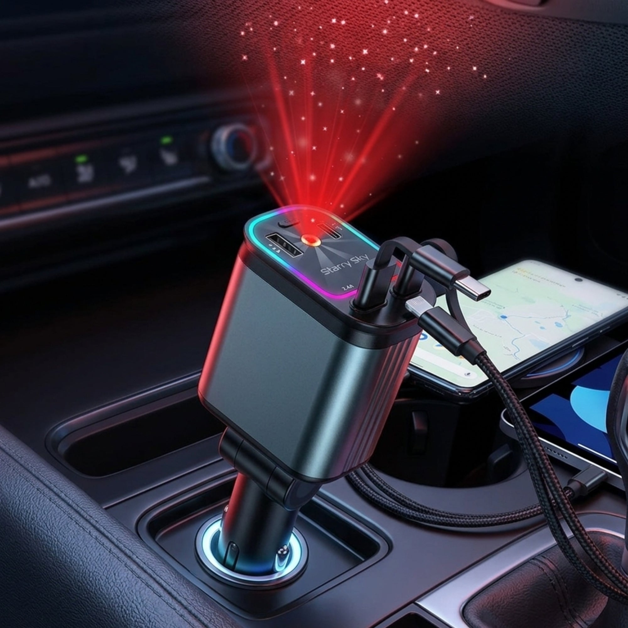 Cargador para auto 4 en 1 ( carga rápida. proyector de luces LED, cables retráctiles)