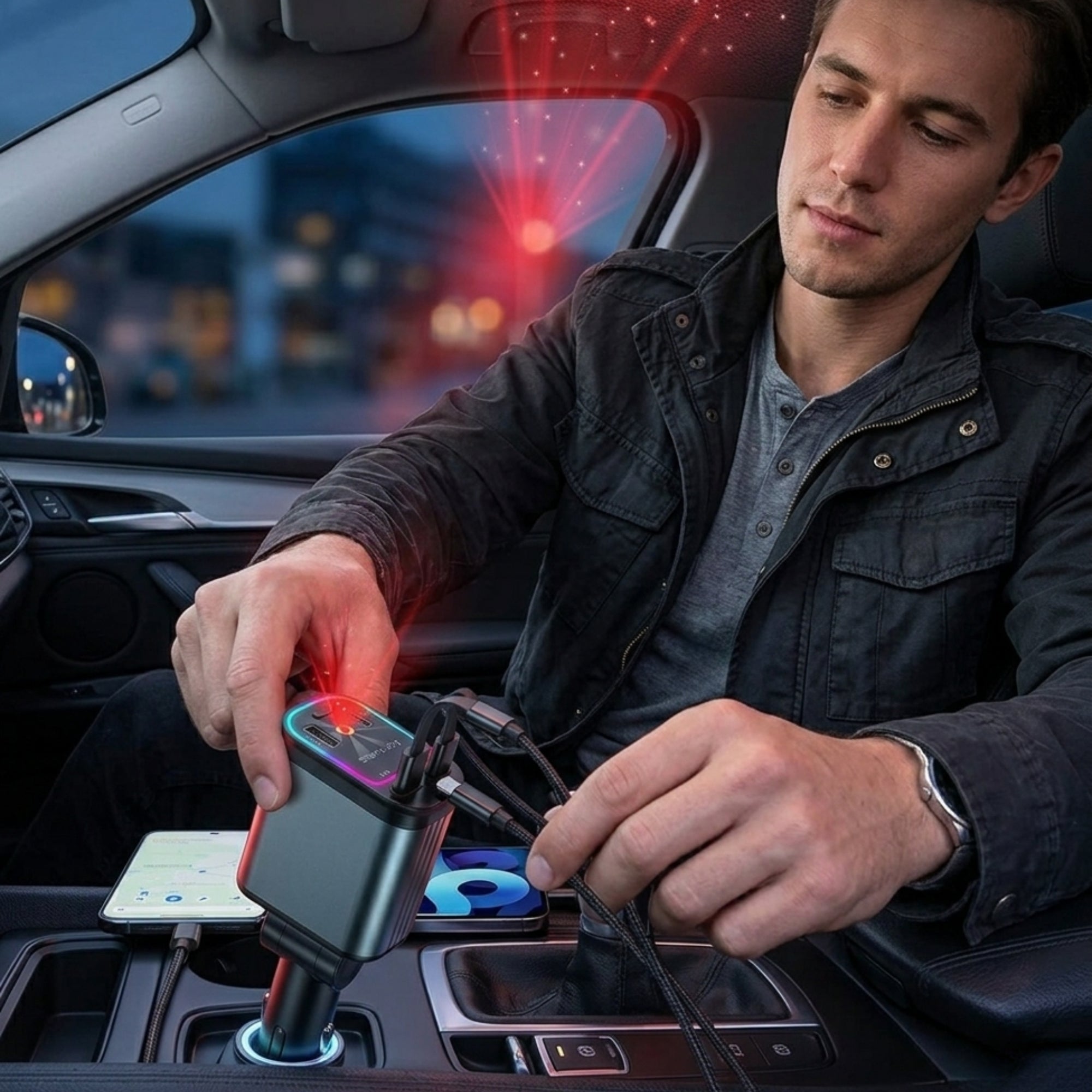 Cargador para auto 4 en 1 ( carga rápida. proyector de luces LED, cables retráctiles)