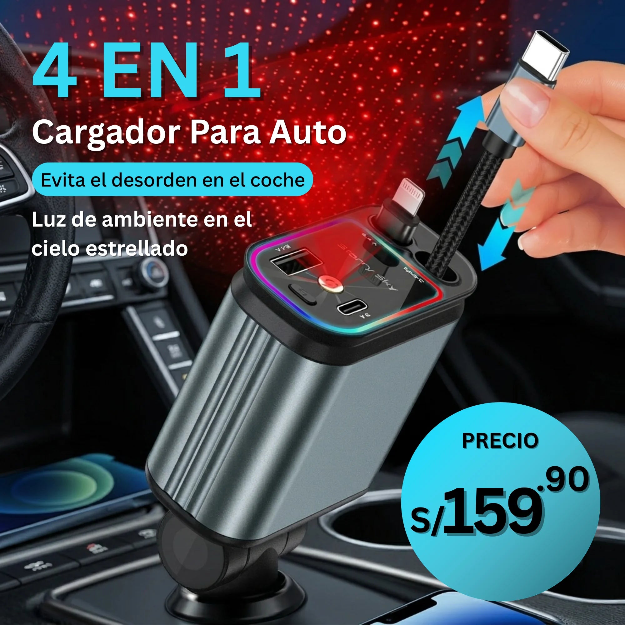 Cargador para auto 4 en 1 ( carga rápida. proyector de luces LED, cables retráctiles)