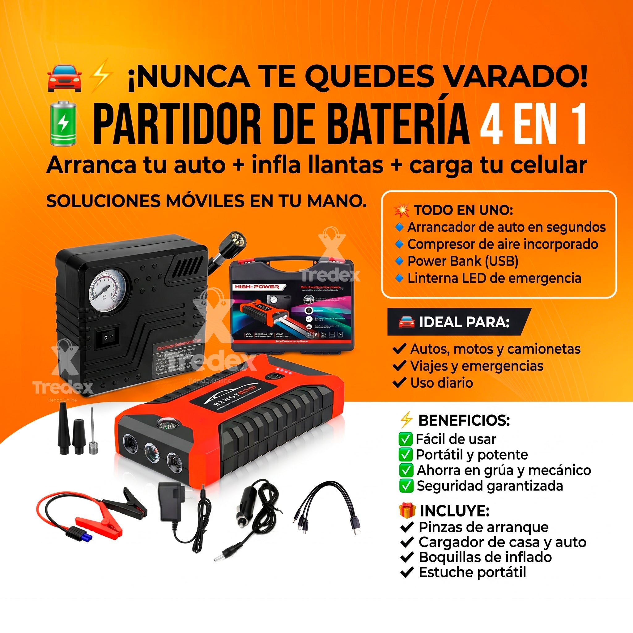Partidor de Bateria 4 en 1 - Compresor + Power Bank Multifunción